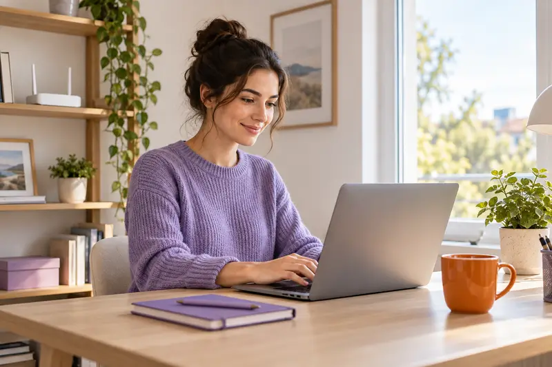 Woman streaming and working on laptop