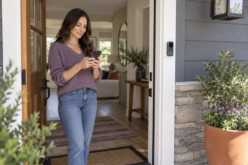 Woman at front door using security app